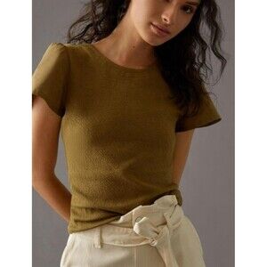 by Anthropologie Lace Up Flutter Sleeve Top Medium Olive Green Minimalist Simple